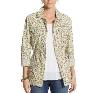 CHICO'S Olive Green Cream Animal‎ Print Lightweight Jacket Zip-Up Size 0 (S-6)